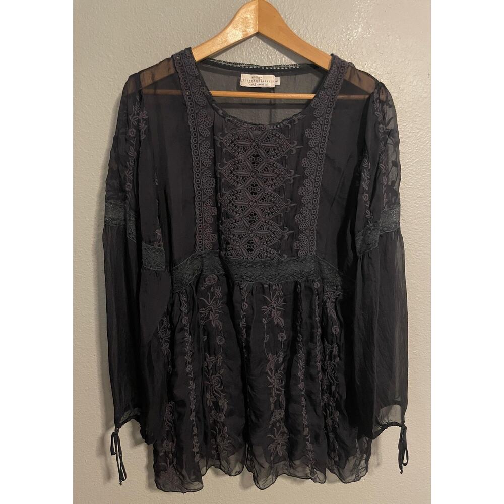 4 Love And Liberty Johnny Was Tunic Womens Large Black Sheer Floral Embroidered